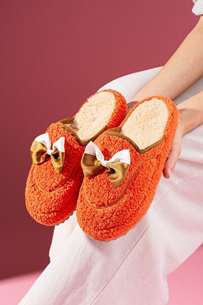 FUGA MODA Curry Orange Bow Detailed Quiet Sole House Slippers