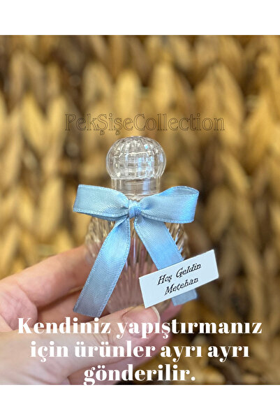 Pearl Star (40 ADET) Süslü İstiridye Boş Kolonya Şişesi Mika Plastik 40ml (Mavi Kurdele-Etiket-Tıpa-Kapak)