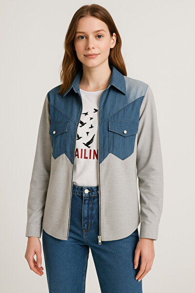 SCZ Mavi-Gri Gömlek ve Baskılı Bluz