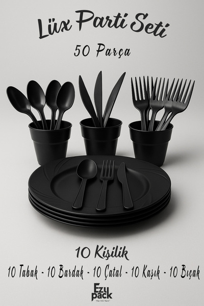 Ezupack 10'lu LÜX SERT PLASTİK Parti Doğum Günü Sunum Davet Nişan Söz Tabak Bardak Çatal Kaşık Bıçak Seti