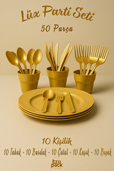 Ezupack 10'lu LÜX SERT PLASTİK Parti Doğum Günü Sunum Davet Nişan Söz Tabak Bardak Çatal Kaşık Bıçak Seti