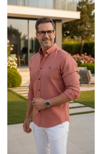 MEGALDİ Erkek Slim Fit Kesim Tansel Gül Kurusu Uzun Kollu Gömlek