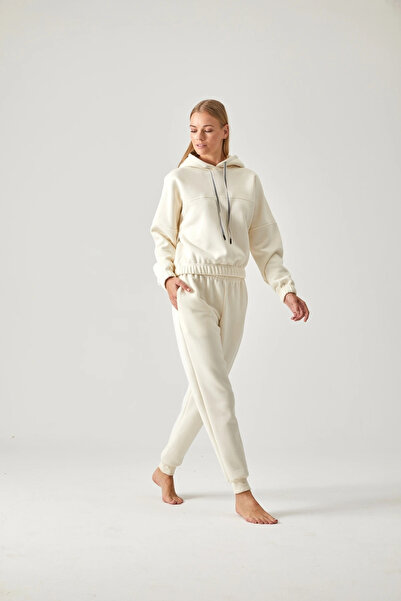 Pamuk & Pamuk 3 İPLİK EKRU CROP KAPŞONLU EŞOFMAN TAKIMI