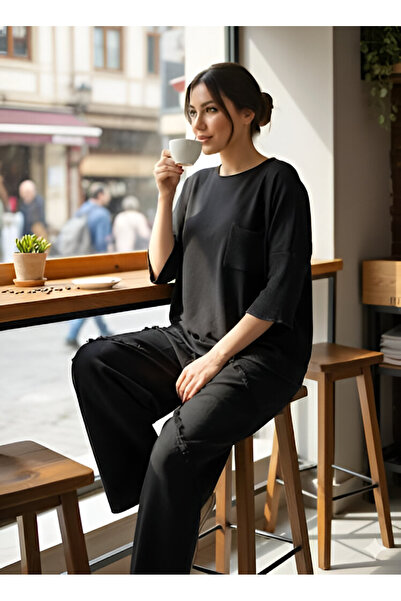 AGORATEKSTİL مجموعة نسائية من الكتان مع جيوب وأكمام شبكية مزينة بشراشيب