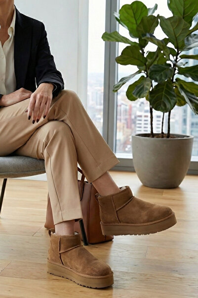 Moske حذاء نسائي نصف بوت من الجلد السويدي مع نعل سميك مبطن بالفرو للاستخدام ا...