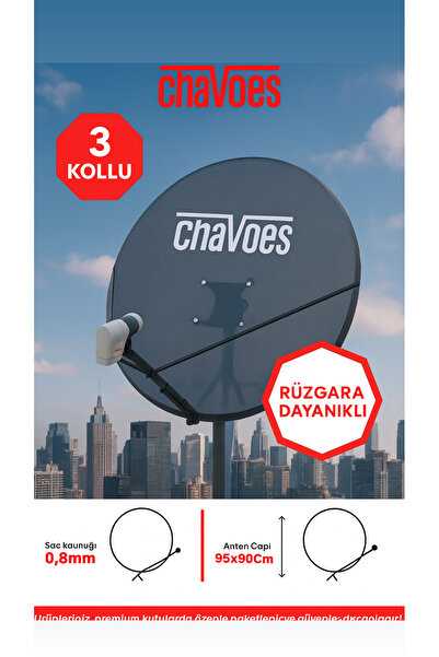 Chavoes Çanak Anten 95CM 3 Kollu Delikli Rüzgara Dayanıklı 0,8mm + 4'lü LNB +...