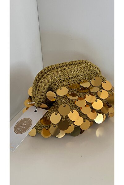PeriStore Altın Gold Pullu Gece Çantası 20x15cm El Örmesi Handmade