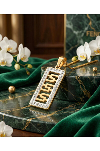 Paslanmaz Çelik Gold Renk Zirkon Taşlı Geometrik Desenli Dikdörtgen Kolye (Stainless Steel Necklace)
