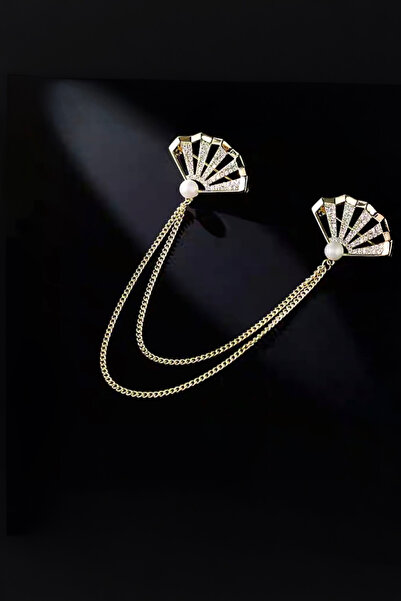 model aksesuar İstiridye Zirkon Taşlı Inci Ve Zincir Detaylı Yaka Broş