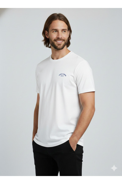 Jack & Jones Men's White Jjcollege Logo Tee Ss Crew Neck T-Shirt 12288105-Brightwhi