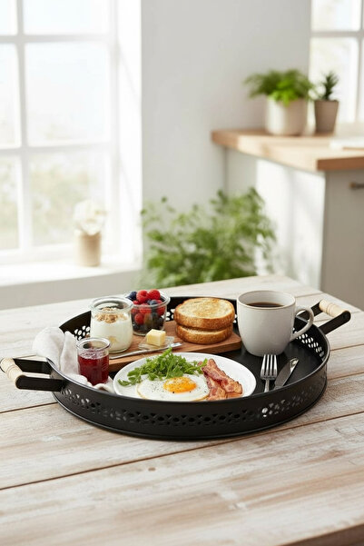 EVSTYLE صينية معدنية مقاس 38 سم من الحديد المطاوع - أسود