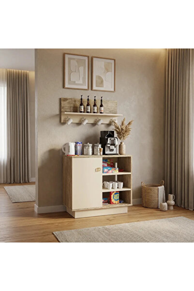 Stylish Home طاولة ركن قهوة خشبي وبيج مع رف - RC49