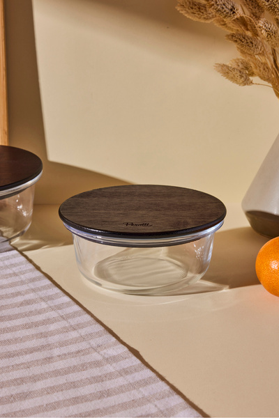 Perotti Locky Wood 390 ml Round Glass Storage Container