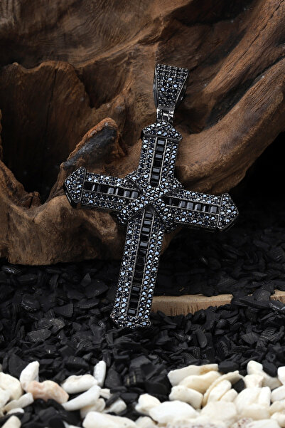 TAYFUN SİLVER 925 Ayar Gümüş Siyah Taşlı Haç Kolye Ucu Büyük Boy(63mm)