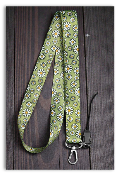 Mia Aurora Papatya Desenli Yeşil Boyun Askı İpi Telefon Anahtarlık Kimlik Kar...