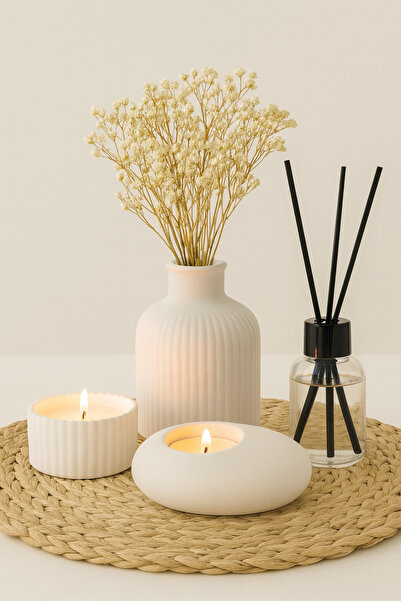 EVROSİ Dekoratif kase içinde Mum,Tealight mumluk,Vazo,Oda kokusu 4lü Set(Altlık ve Çiçek Dahil Değildir)