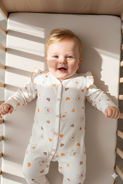 Miniday Baby Baby Girl Printed Jumpsuit with Hat and Heart Bear