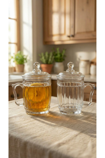 FAIR HOME طقم أكواب شاي زجاجية بغطاء لشخصين 2 × 385 مل.