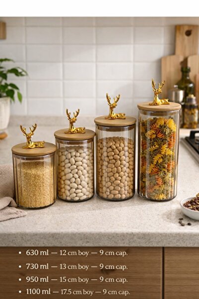 RİVO HOME DECOR 4' Lü Bambu Kapaklı Geyik Figürlü Füme Cam Kavanoz 630 ML-730...