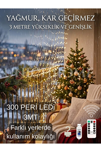 Folveit Kumandalı 8 Mod 3x3M 300X300Cm Perde Led 10 Saçaklı Sarkıtlı 300 Led ...