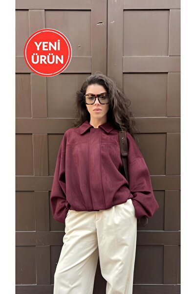 Perryes Jachetă bomber premium din piele intoarsa pentru femei, roșu claret