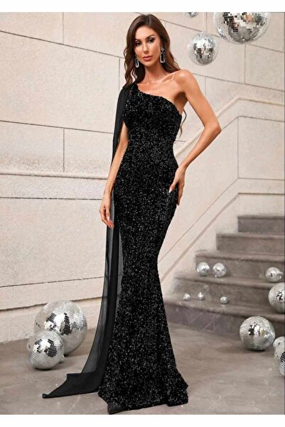 SELİN MODA EVİ TEK OMUZ ŞİFON PELERİN KOLLU KADİFE ELBİSE