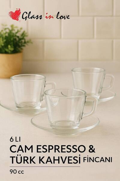 Glass In Love Modern Cam Espresso ve Türk Kahvesi Fincanı – 90 cc (6’lı Set)