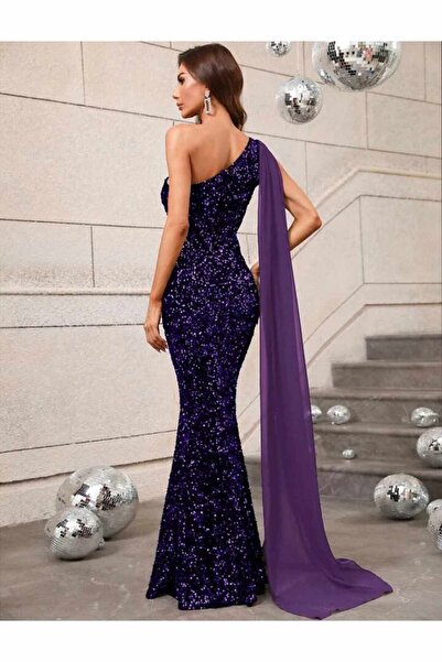SELİN MODA EVİ TEK OMUZ ŞİFON PELERİN KOLLU KADİFE ELBİSE