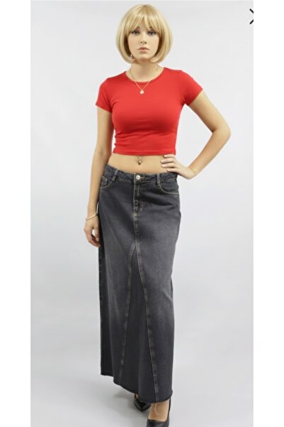 Ede Tekstil Milo Stitched Long Smoked Jean Skirt