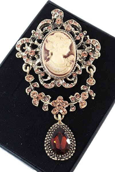 KEEBA Kameo Vintage Broş, Garnet Kristal Taşlı Sallantılı Eskitme Bronz Renkli Kadın Yaka İğnesi