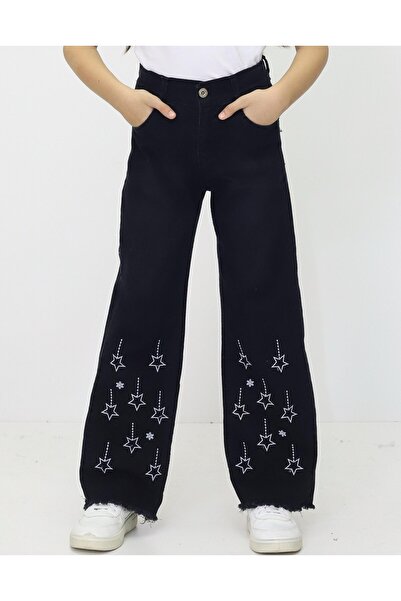 BeModal Girl's Jean Gray Color Embroidered Star Pants with Flared Legs