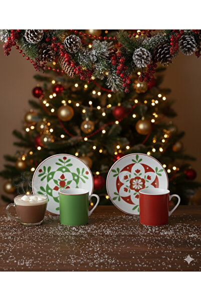 English Home Winy Porcelain 4 Piece Coffee Cup Set for 2 People - Burgundy/Green-80Ml