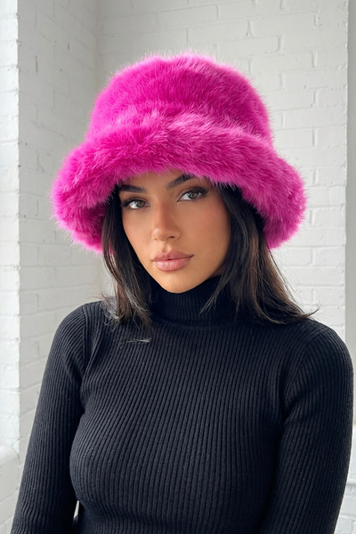 Kapin Neon Pembe Suni Kürk Peluş Kalpak Şapka