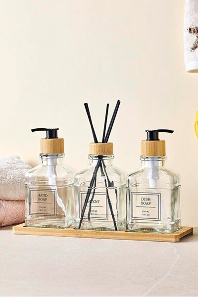 GUNES ZUCCACIYE Rogan 3'lü Bambu Tepsili Cam Sıvı Sabunluk ve Oda Kokusu Seti...