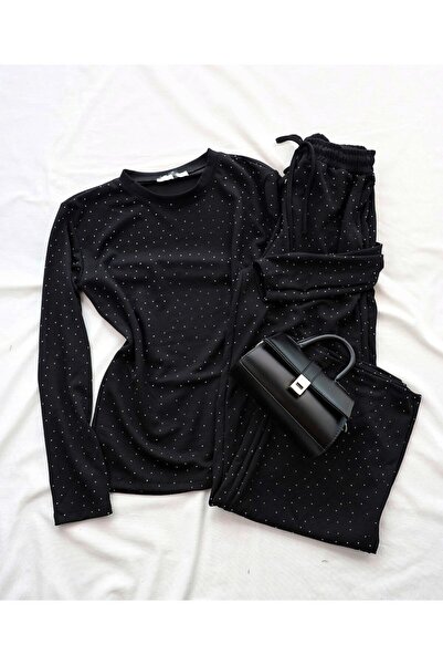 tülaybutik kadın siyah taşlı modal kumaş eşofman takımı