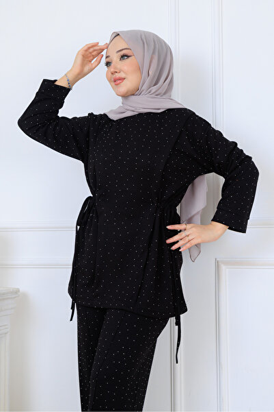 Zeyrek's Kadın Siyah Modal Kumaş Taşlı İkili Takım | Tesettür Takım |