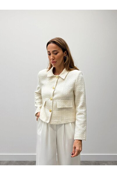 Maldia Shop سترة نسائية ذات أزرار ذهبية من التويد الأبيض