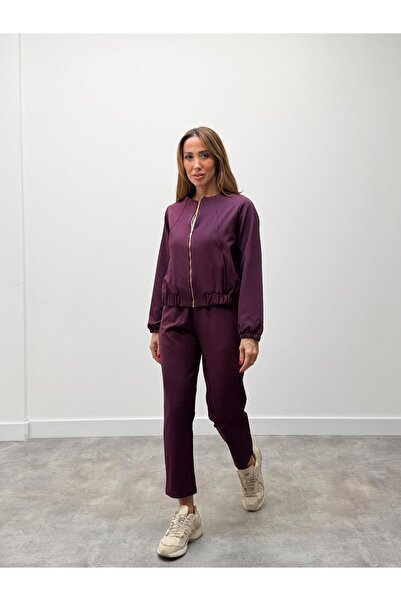 Maldia Shop Women's Zippered Jacket Pants Top and Bottom Plum Set