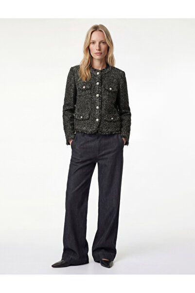 Koton Buttoned Long Sleeve Crew Neck Tweed Jacket with Pocket Detail