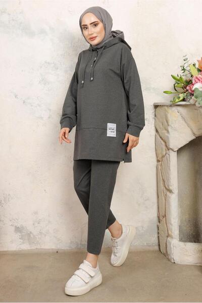 TRENDTESETTÜR KADIN GRİ (ANTRESİT) KAPÜŞONLU PANTOLONLU TAKIM T 3843