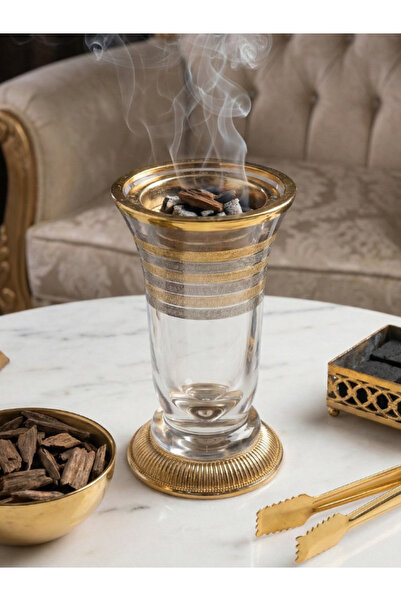 SQUALO مبخرة زجاج تركي بقاعدة ذهبية بارتفاع 20سم – تصميم أنيق للديكور والضيافة