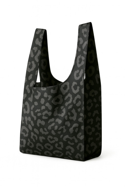 PUREYSMA Siyah Leopar Desenli Katlanabilir Bez Alışveriş Çantası – Suya Dayanıklı, Kılıflı, Taşınabilir