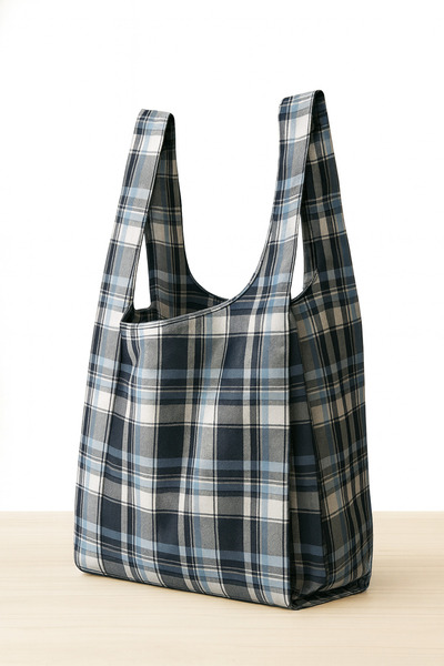 PUREYSMA Kareli Lacivert Ton Katlanabilir Bez Alışveriş Çantası – Suya Dayanıklı ve Kılıflı