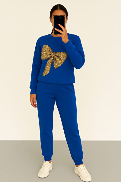 Fashionhaine.ro Trening damă Geo cu fundă decorativă aurie – set casual elegant