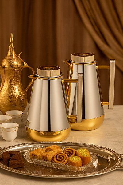 ALSAIF Lilia Thermos Set from Al Saif – Shiny Nickel with a Luxurious Wood Touch (1.3L + 0.75L) ✨