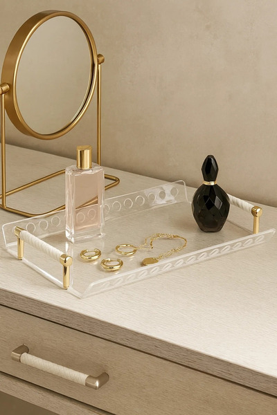 ALQANNAS صينية تقديم أكريليك فاخرة - حجم متوسط بمقابض بيضاء