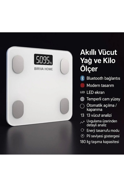BİRİVA Yağ Ve Kas Vücut Kitle Endeksi Ölçerli Akıllı Tartı Beyaz