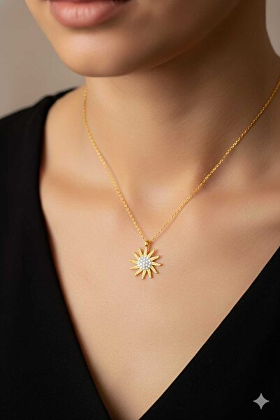 Papatya Silver 925 Ayar Zirkon Taşlı Gümüş Güneş Kolye.rose.gold.rodaj