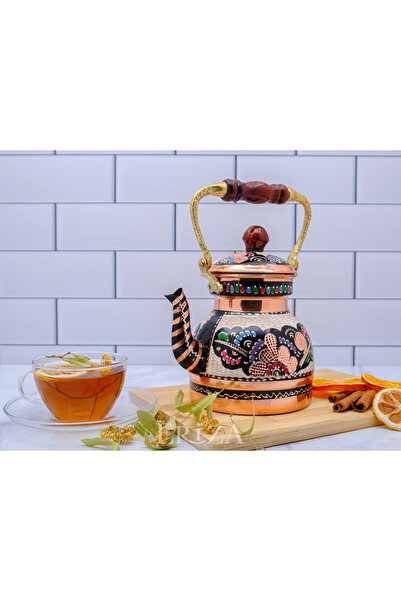 ERİZA 1,3 Litre El Işlemeli Nostaljik Tekli Kalaylı Bakır Demlik, Çaydanlık, ...