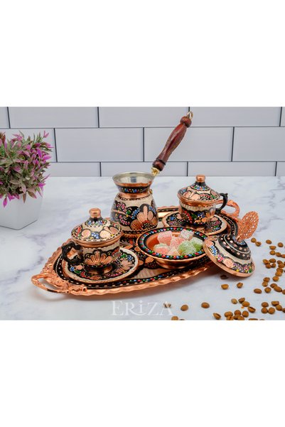 ERİZA 6-Person Embroidered Copper Cup Set, Set (Tray Turkish Delight Bowl, 6 Cups, 6-Person Coffee Pot)